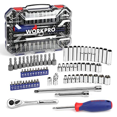 WORKPRO 70-Piece 1/4' Drive Socket Set with Quick-Release Ratchet, Metric and SAE for Auto Repairing & Household, W003068A