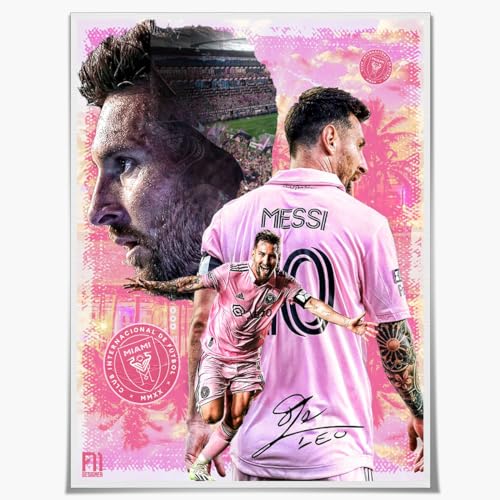 Lionel Poster Football Superstar Messi Poster,Sports Soccer Canvas Wall Art,Messi Posters for Boys Bedroom Decor,Pink Messi Print Pictures Fan Gifts 12x16in Unframed