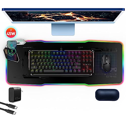 Gaming Mouse pad,45W Wireless Charging Station with USB C Charger,Large RGB Mouse pad Gaming Desk Accessories,Wireless Charging Desk mat