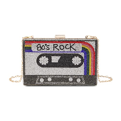 Renabro Women Retro Radio Shape Crossbody Bag Rhinestone Metal Vintage Evening Clutch Purses (80s rainbow)
