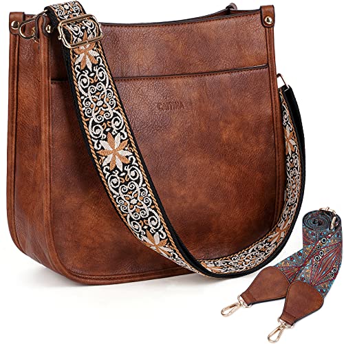 Caitina Cross Body Bag Vegan Leather Hobo Handbags Designer Crossbody Purses Bucket Bag For Women with 2 Adjustable Strap(Dark Brown)