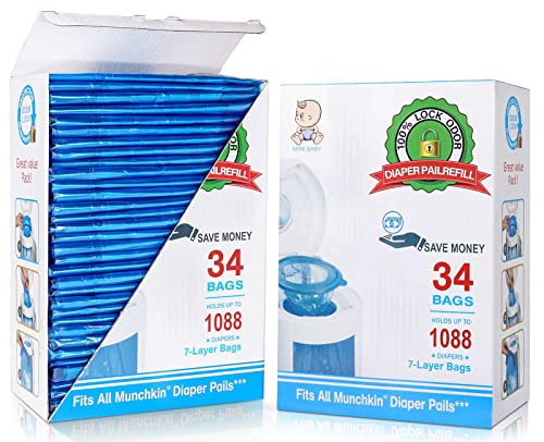 Diaper Pail Refill Bags 34 Bags 1088 Counts Compatible with Arm&Hammer Disposal System, 100% Lock Odor, Seal and Toss Diaper Pail Refills