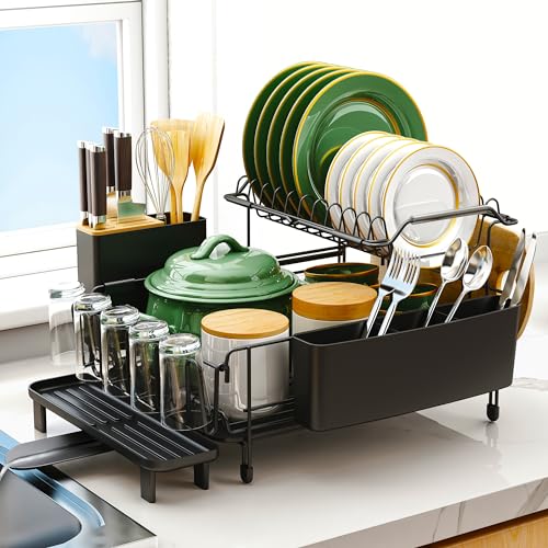 Runnatal Large Dish Drying Rack with Drainboard Set, Stainless Steel Detachable 2-in-1 Large-Capacity 2-Tier Over The Sink Anti-Rust Dish Drying Rack and Dish Drainer for Kitchen Counter