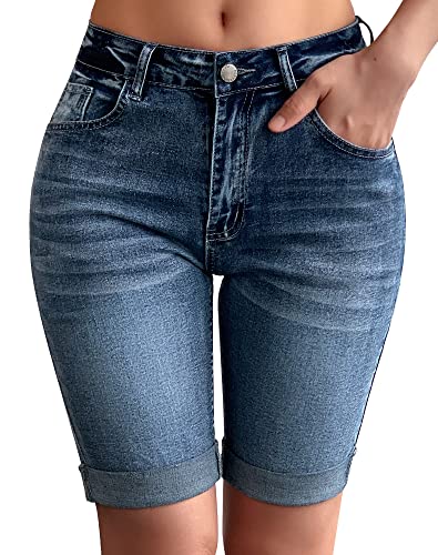 roswear Womens Mid Rise Roll Cuff Bermuda Stretch Denim Jean Shorts 104Blue Large