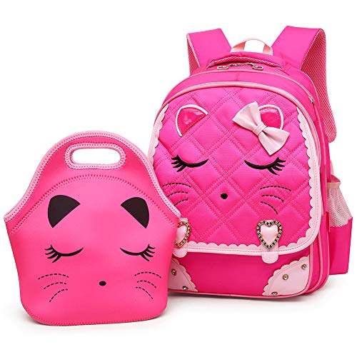Efree Cute Cat Face Bow Diamond Bling Waterproof Hot Pink School Backpack Girls Book Bag (Large, Rose Set)