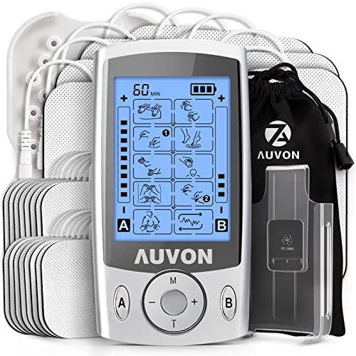 AUVON Dual Channel TENS Unit Muscle Stimulator (Family Pack), 20 Modes Rechargeable TENS Machine with Huge Pack of 24 Pcs Reusable TENS Unit Electrode Pads (2'x2' 16pcs, 2'x4' 8pcs)