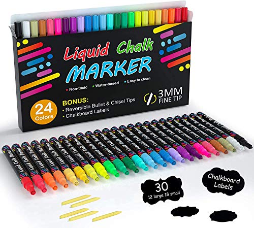 Shuttle Art Chalk Markers, 24 Vibrant Colors Liquid Chalk Markers Pens for Chalkboards, Windows, Glass, Cars, Erasable, 3mm Reversible Fine Tip with Chalkboard Labels for Office Home Supplies