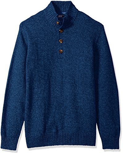 IZOD Men's Durham Buttoned Mock Neck Marled 7 Gauge Sweater, Estate Blue, Large