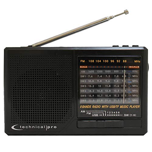 Technical Pro Solar Powered & Battery Operated AM/FM/SW Radio with Built-in Speaker & Flashlight, Rechargeable Listening Device w/Headphone Output, Manual Tuning, Wrist Strap for Easy Carrying