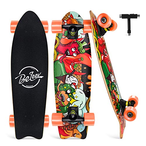 BELEEV Cruiser Skateboards for Beginners, 27 Inch Complete Skateboard for Kids Teens Adults, 7 Layer Canadian Maple Double Kick Deck Concave Trick Skateboard (Orange)