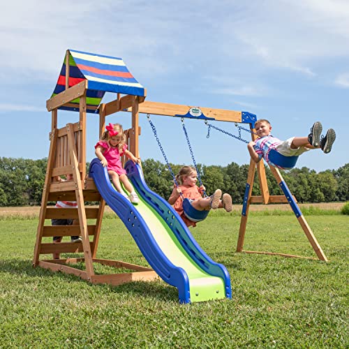 Backyard Discovery Briarcliff All Cedar Wooden Swing Set with Wave Slide, Swings, and Climbing Rock Wall Ladder Multicolor