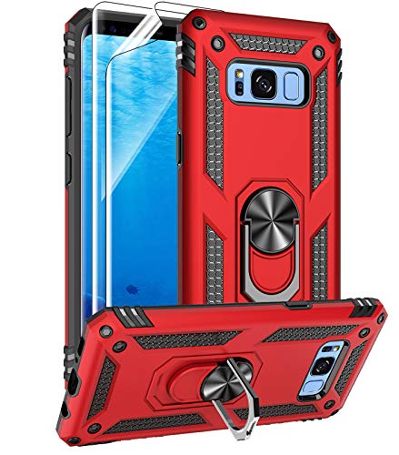 Androgate Samsung Galaxy S8 Case with HD Screen Protectors (NOT fit S8 Plus), Military-Grade Metal Ring Holder Kickstand 15ft Drop Tested Shockproof Cover Case for Samsung Galaxy S8 (2017) Red