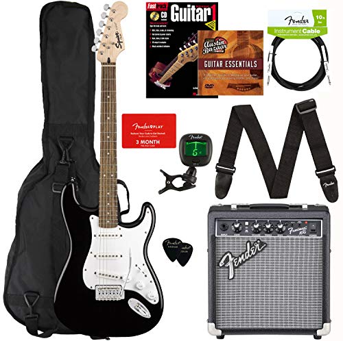Fender Squier Stratocaster - Black Bundle with Frontman 10G Amplifier, Gig Bag, Instrument Cable, Tuner, Strap, Picks, Fender Play Online Lessons, Instructional Book, and Instructional DVD