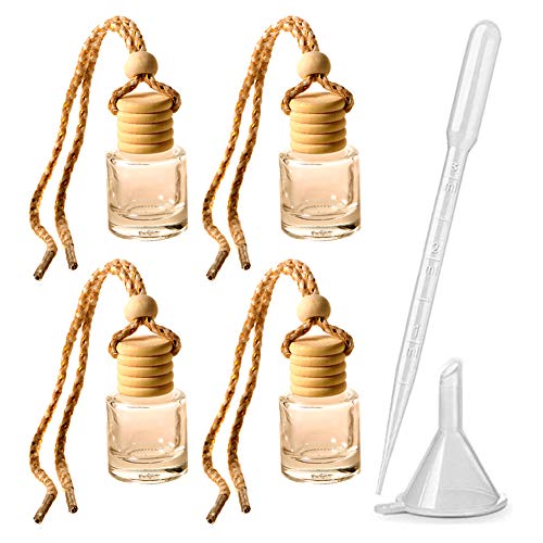 4pcs 8ml Refillable Car Hanging Glass Perfume Bottle Cylindrical Pendant Perfume Aromatherapy Bottle Hanging Diffuser Bottle Air Fresher Ornament Vials with 1 Plastic Funnel and 1 Plastic 3ml Dropper