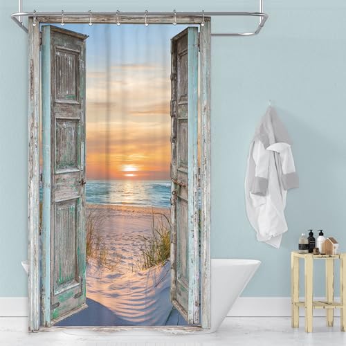 Riyidecor Small Stall Beach Shower Curtain 36Wx72H Inch Seaside Ocean Rv Hawaiian Sea Sunset Narrow Barn Door Scenery Rustic Landscape Bathroom Decor Fabric Polyester Waterproof 7 Pack Hooks