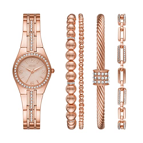 Queen's Court Three-Hand Rose Gold Tone Metal Watch Gift Set with Bracelet Accessories (Model: ZR97001)
