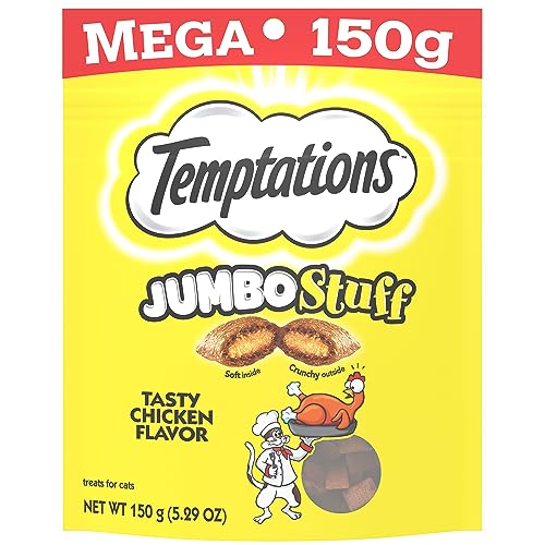 TEMPTATIONS Jumbo Stuff Crunchy and Soft Cat Treats Tasty Chicken Flavor, 5.3 oz (Pack of 10)
