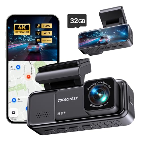 COOLCRAZY Dash Cam 4K Front, Built-in WiFi GPS Dash Camera for Cars, 3.2' IPS Screen Dashcam with App Control, Free 32G Card, 170°Wide Angle, 24H ParkingMode, WDR, Night Vision, G-Sensor