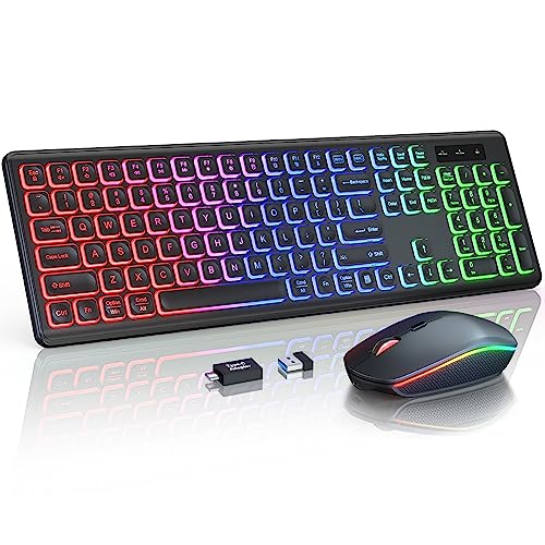 Wireless Keyboard and Mouse Combo - RGB Backlit, Rechargeable & Light Up Letters, Full-Size, Ergonomic Tilt Angle, Sleep Mode, 2.4GHz Quiet Keyboard Mouse for Mac, Windows, Laptop, PC, Trueque