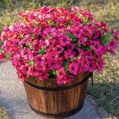 HyeFlora Artificial Faux Outdoor Plants Flowers for Spring Summer Decoration, 12 Bundles Fake Hotpink Silk Daisy Eucalyptus Look Real UV Resistant for Outside Planter Pot Window Porch Home Patio