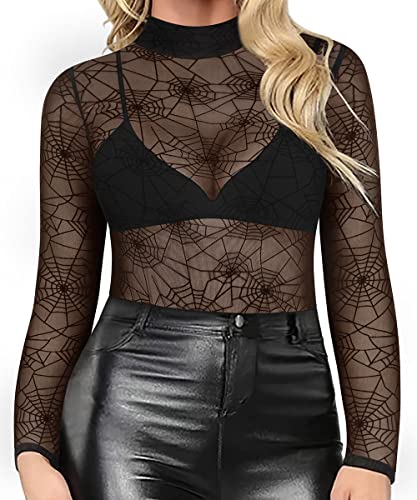 CARCOS Womens Mesh Tops Plus Size See Through Shirts Mock Neck Long Sleeve Sheer Spiderweb Tops Turtleneck Black Blouses Clubwear Going Out 2XL 18W 20W