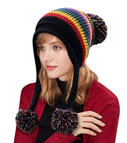 DOCILA Colorful Rainbow Stripe Beanie for Womens Adult Warm Winter Slouchy Knit Skull Cap with Ear Flaps Faux Fur Pom Long Stocking Caps (RainbowBlack)
