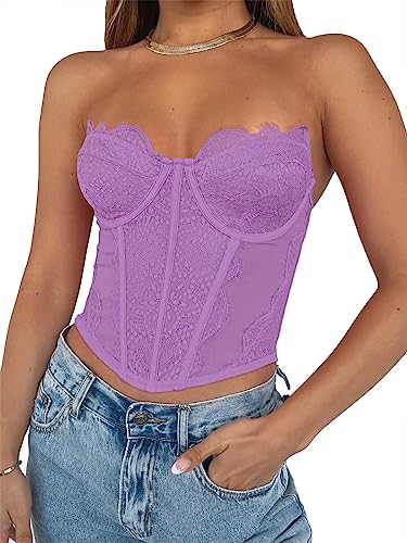 REORIA Women's Summer Sexy Lace Mesh Sleeveless Backless Going Out Trendy Strapless Boned Y2K Bustier Corset Crop Tank Tops Violet X-Small
