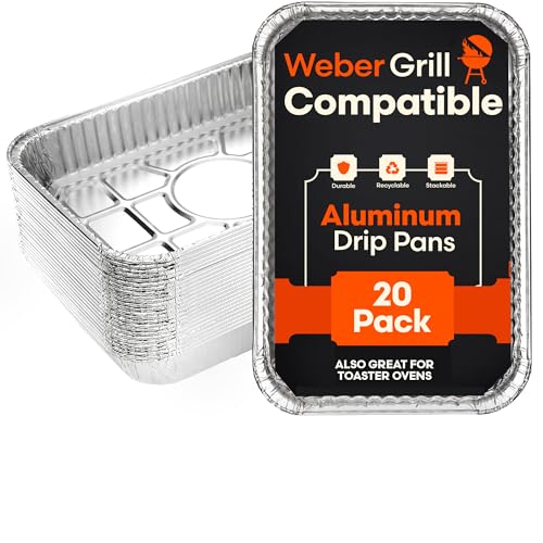 [20 pack] Weber Compatible Drip Pans - Disposable Aluminum Grease Tray Liners For Grills, Easy Drain Management of Weber Grills, 6415, Size - 8 1/2' x 6'