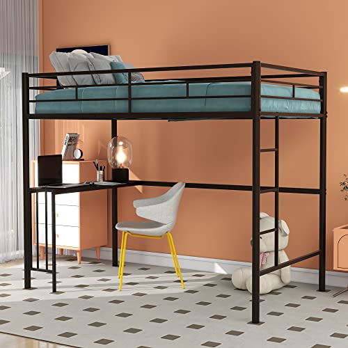 Merax Twin Metal Loft Bed with Desk, loft Bed with Ladder and Guardrails, Loft Bed for Bedroom, loft Bed,Black