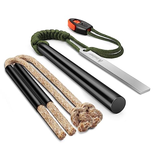 Terdemor Fire Starter for Campfires, The Professional Survival Kits Including a 5' Ferro Rod and Two 12' Nature Dry Tinder Wax Impregnated Hemp Rope