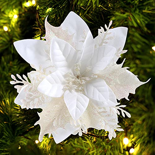 FurRain Christmas Poinsettia Artificial Flowers Decorations 5.5' Christmas Tree Wreaths Garland Decoration 12 Pcs Glitter Flowers Picks Decor for Xmas New Year Wedding Party Ornaments (White)