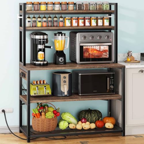 Denkee 39.4 Inch Wide Large Bakers Rack with 3 Power Outlets, 5 Tiers Microwave Stand with Storage, Freestanding Kitchen Stand, Coffee Bar Station