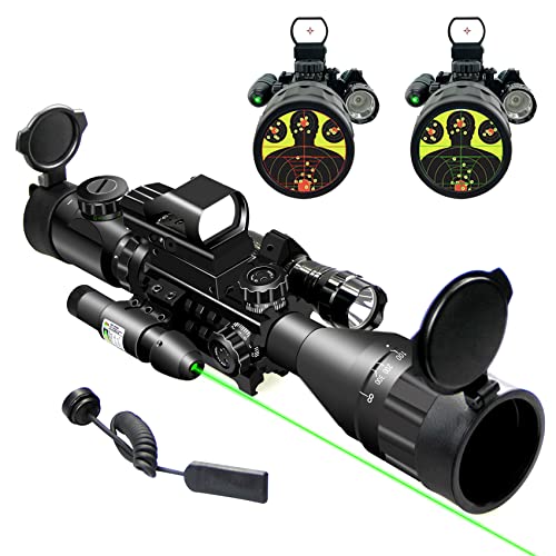 UUQ 4-16x50 AO Rifle Scope Red/Green Illuminated Range Finder Reticle W/Green Laser - Holographic Reflex Red Dot Sight - 5 Brightness Modes Flashlight