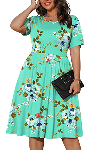 POSESHE Women's Plus Size Dresses for Beach Classy Short Sleeve Loose Dresses for Work Vacation Party,Green Floral,4XL