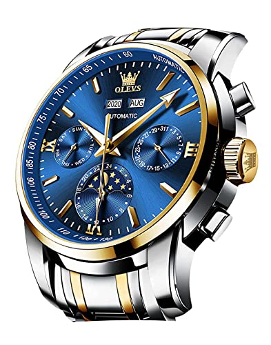 OLEVS Automatic Men Watch Self Winding Mechanical Luxury Dress Moon Phase Stainless Steel Blue Face Waterproof Luminous Calendar Wrist Watch