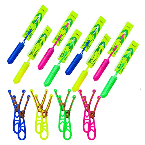 Slingshot Flying with LED Lights Glow The Dark Party,12 Launchers + 12 LED Helicopters,Slingshot Amazing Arrow Helicopter Glow Supplies for Kids (24 Pieces)