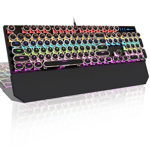 MageGee Typewriter Mechanical Gaming Keyboard, Retro Punk Round Keycaps with RGB Rainbow Backlit USB Wired Keyboards for Game and Office, for Windows Laptop PC Mac - Blue Switches/Black