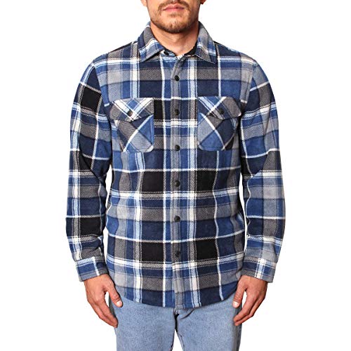 Freedom Foundry Men's Plaid Fleece Jackets Super Plush Sherpa Lined Jacket Shirt (Blue/Black/Grey/White, Large)