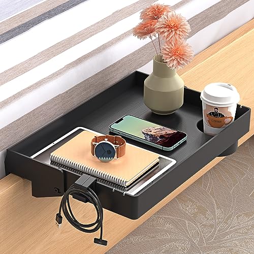 SPACELEAD Bedside Shelf for Bed – College Dorm Room Clip On Nightstand with Cup Holder & Cord Holder -Tray Table Caddy for Students – Bunk Bed Shelf for Organizer Top for Bedroom (Black，Plastic)