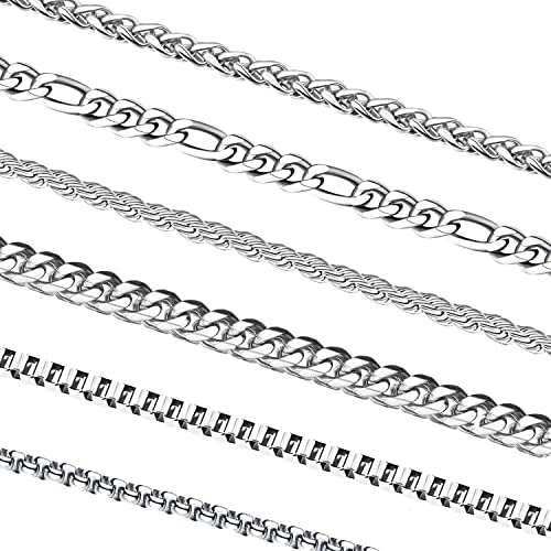 OLARCU Mens Necklaces, 6 Pcs Men‘s Stainless Steel Chain Necklace Jewelry Set Gift for Men Women, 22 inches