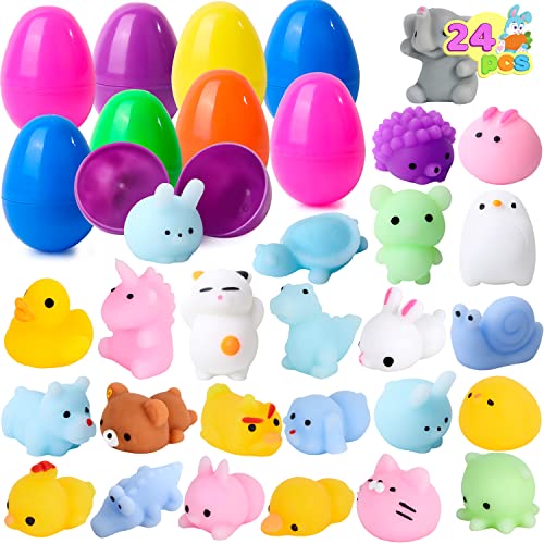 JOYIN 24 Pcs Mochi Squishy Toy Prefilled Easter Eggs, Kawaii Foamy Stress Reliever Squishy Toy for Easter Theme Party Favor, Easter Eggs Hunt, Basket Filler, Classroom Prize Supplies