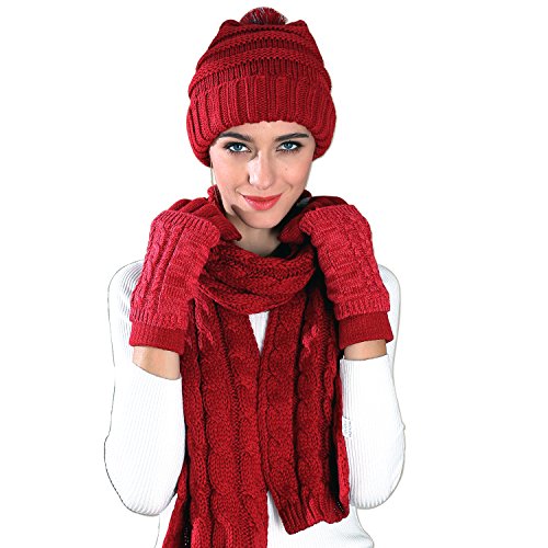 VanRolldex Warm Scarf Glove Hat Beanie Set - Cable Knit Winter Gift Set Pom Cap Touch Screen Glove Long Scarf 3 PCS Set for Women