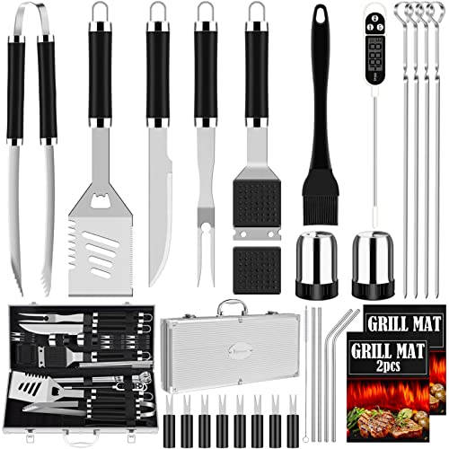 ROMANTICIST 30pcs BBQ Grill Tool Set for Men Dad, Heavy Duty Stainless Steel Grill Utensils Set, Non-Slip Grilling Accessories Kit with Thermometer, Mats in Aluminum Case for Travel, Outdoor Black