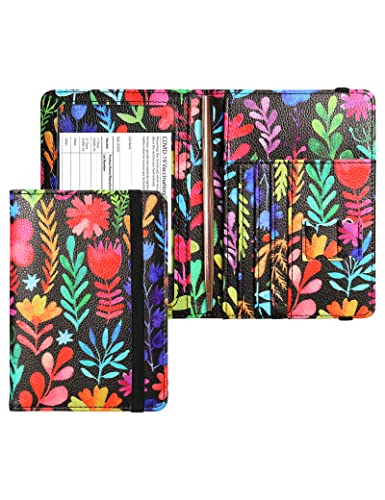 Mymazn Passport and Vaccine Card Holder Combo Passport Holder Travel Wallet with Vaccination Card Holder Passport Case with RFID Blocking Clear Pocket For Vaccine Card (Black Flower)
