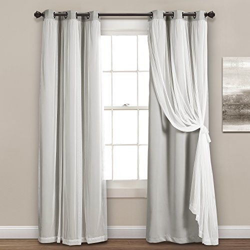 Lush Decor Sheer Grommet Curtains Panel with Insulated Blackout Lining, Room Darkening Window Curtain Set (Pair), 38'W x 84'L, Light Gray