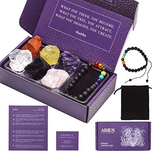 KARMABOX Aries Gifts for Women - Aries Crystal Healing Stone Gift Set - 12 Zodiac Signs - Zodiac Gifts - Astrology Gifts for Women - Horoscope Gifts - Birthday Gifts for Women