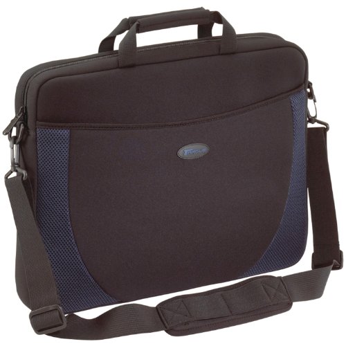 Targus Neoprene Slipcase Sleeve with Shoulder Strap, Professional Business and Travel Laptop Tote Bag for 17-Inch Laptop, Black with Blue Accents (CVR217)