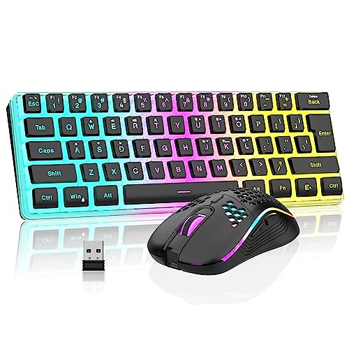 RedThunder 60% Wireless Gaming Keyboard and Mouse Combo, RGB Backlit Rechargeable Battery Mechanical Feel Mini Keyboard with Pudding Keycaps + Lightweight 7200 DPI Honeycomb Optical Mouse (Black)
