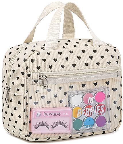 CAMTOP Corduroy Makeup Bag Women Girls Cosmetic Bags Travel Toiletry Purse Zipper Pouch(Black Heart)