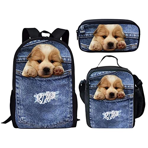 Dolyues 3pcs Set Blue Kids Boys Girls School Bookbag for Shopping, Cute Kawaii Denim Puppy Print Travel Backpack Daypack Polyester Lunchbox and Pencil Case Lightweight Rucksack